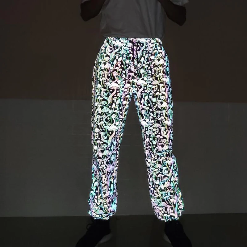 

ABOORUN Mens 3M Reflective Pants Colorful Hip Hop Streetwear Sweatpants Pencil Joggers Nightclub Fashion Pants Trousers Male