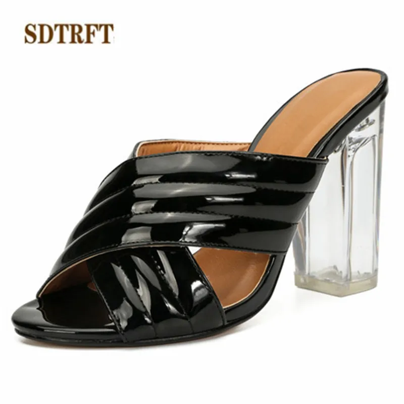 

SDTRFT stilettos Slipper 10cm crystal Thick High-Heeled shoes woman zapatos mujer Crossdresser Sandals Summer Pumps Plus:39-48