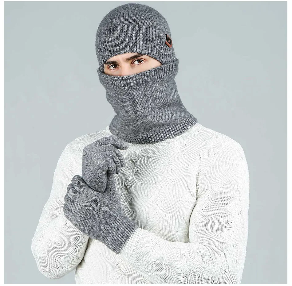 High Quality Men Winter Hat Scarf Gloves Set Soft Comfortable Plus Velvet Scarf Winter Warm Beanies Touch Screen Gloves 3 PCS
