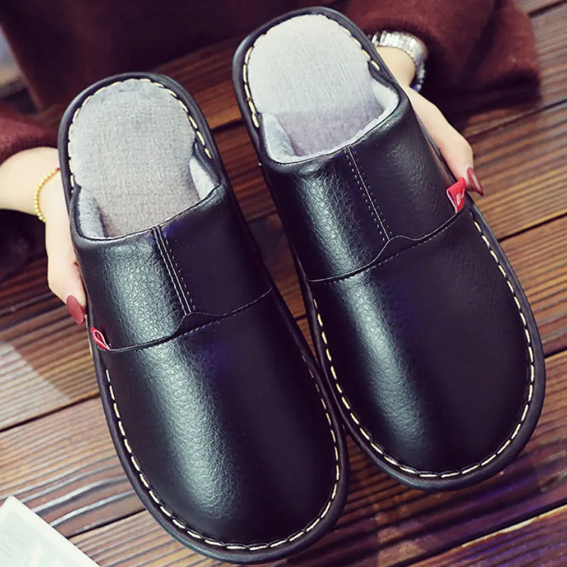 Большой размер 35–46 домашние тапочки; для мужчин; зимняя Домашние тапочки из короткого плюша; кожаные туфли в стиле унисекс Теплые тапочки Мода - Цвет: Black