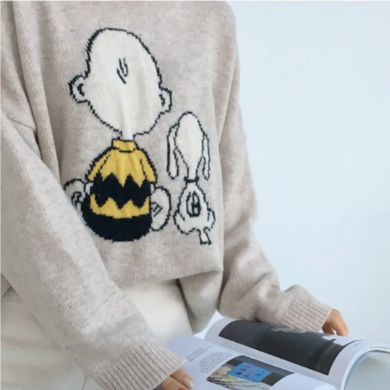 Neploe свободные сумасшедшие Стиль пуловер вязаный Pull Femme осень зима низ мультфильм шаблон свитер О образным вырезом повседневное с длинным рукавом Топ - Цвет: khaki