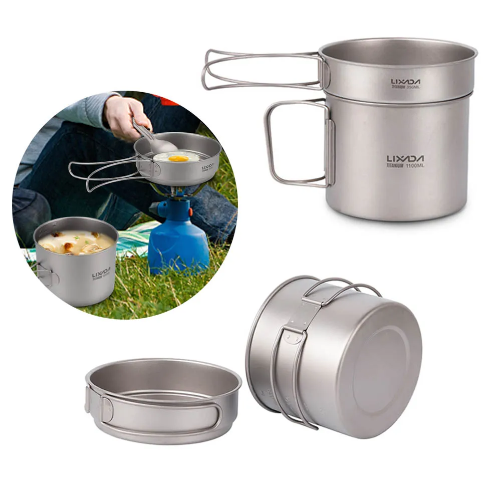 

Lixada Ultralight Titanium Cookset Outdoor Camping Cookware 1100ml Pot and 350ml Fry Pan with Folding Handles Picnic Tableware