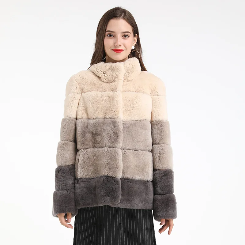 

2019 Fashion New Skin Color Matching Of Otter Horizontal Grain Long Rex Rabbit Fur Coat women rex fur Collar