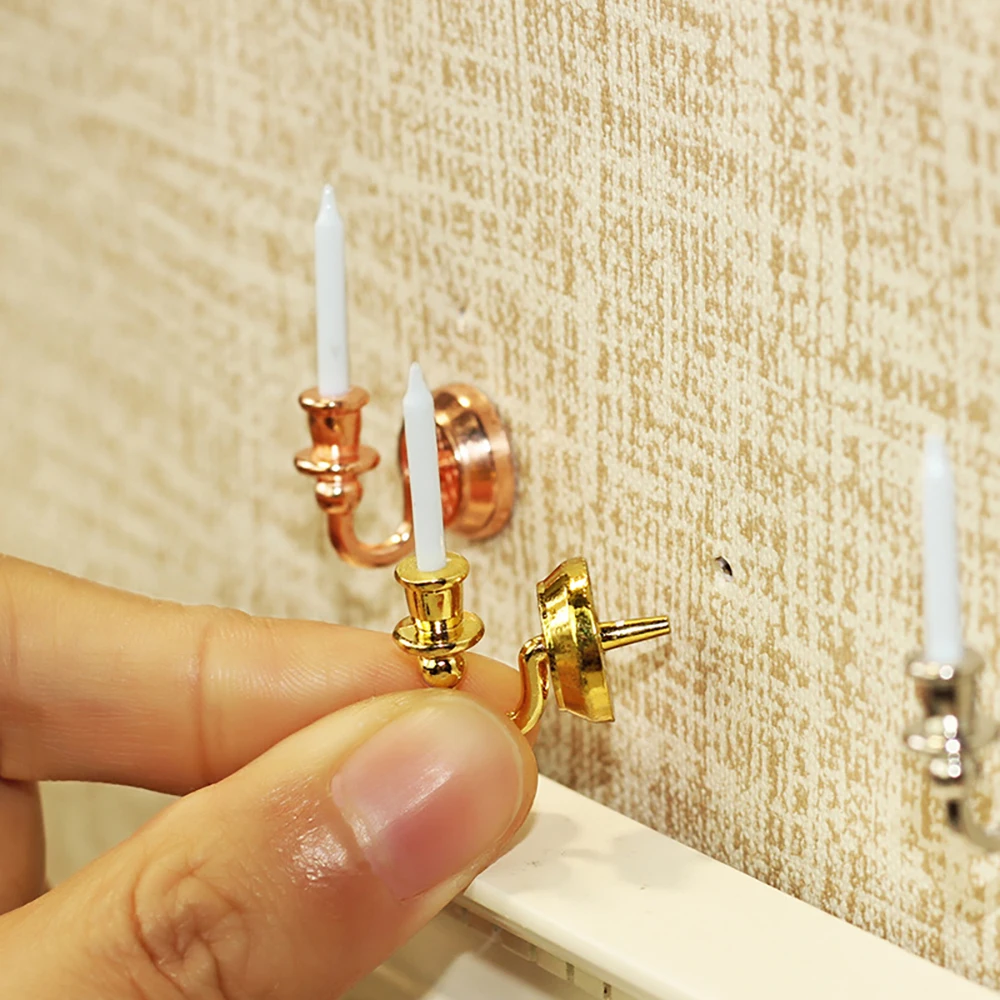 2Pcs 1/12 Doll House Miniature Candle Wall Decoration Simulation Candlestick Model Mini Furniture Toy Dollhouse Accessories 2pcs 22mm stainless steel hanger towel rack holder fixed flange wall bracket house socket furniture closet bathroom hardware