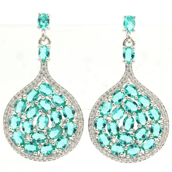 

38x21mm Stunning Created Rich Blue Aquamarine CZ Fashion Jewelry Woman's Wedding Silver Earrings