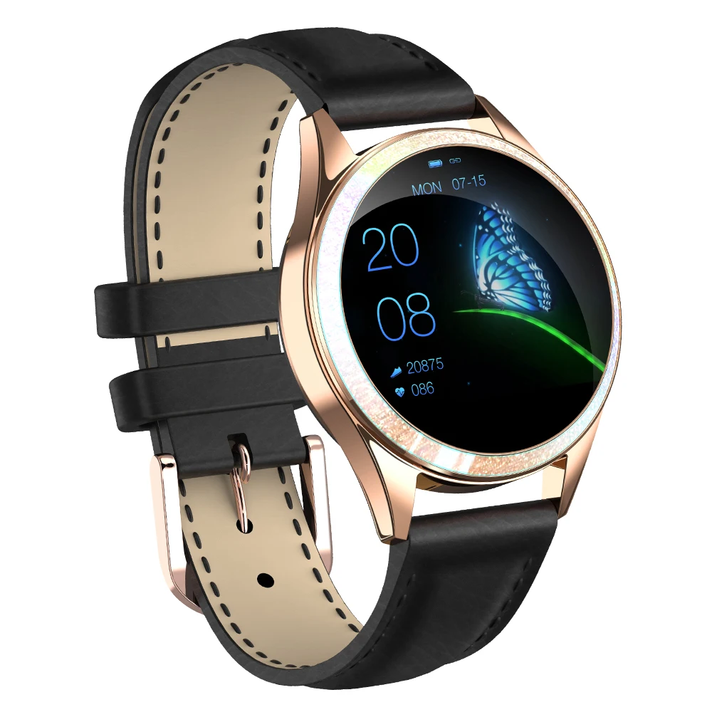 black leather Bluetooth Смарт часы женские полный экран Поддержка SIM tf-карты Smartwatch монитор сердечного ритма спортивные часы для IOS Andriod KW20 - Цвет: black leather