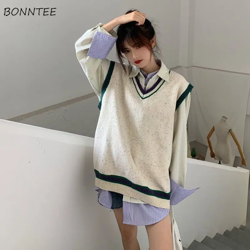 

Женский комплект из 2 предметов, вязаный модный свитер с V-образным вырезом, клетчатая рубашка с длинным рукавом, универсальный стильный Повседневный жилет для отдыха на осень