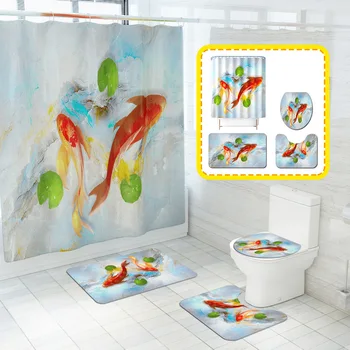 

180*180CM Shower Curtain Mat Carpet Bathroom Mat Set 4pcs Bath Mat Set Anti Slip Bathroom Carpet Toilet Mat Set
