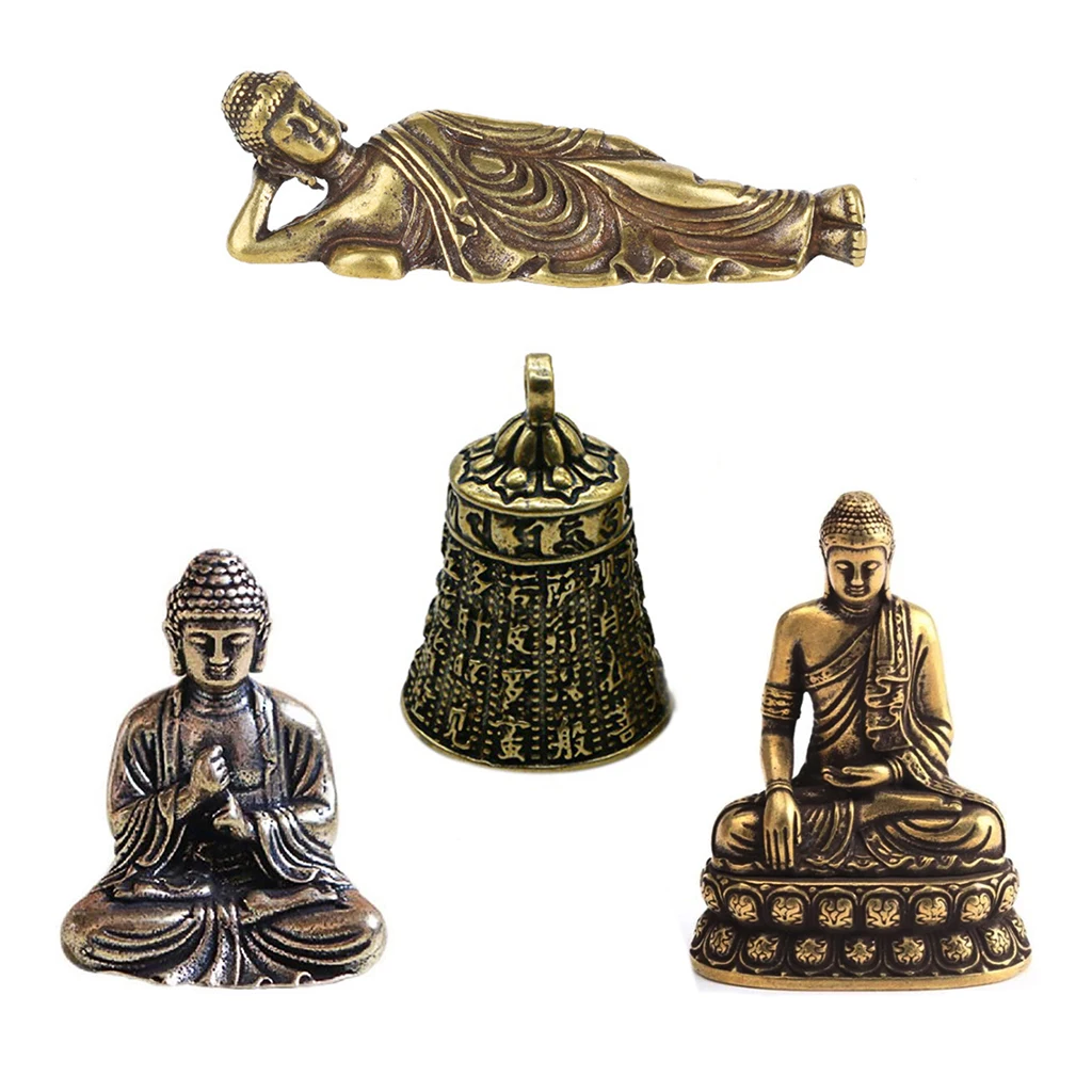 Small Antique Brass Buddha Statue Figurine Portable Sakyamuni Buddhism Heart Sutra Bells for Journey Worship Gift Home Decor