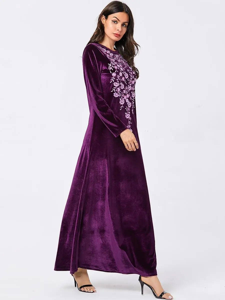 Мусульманское женское бархатное платье с длинными рукавами abaya Дубай вышивка Вечерние кафтан арабский Исламский Одежда o-образным вырезом Мода Новинка