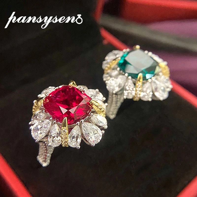 PANSYSEN 8ct Emerald Ruby Simulate Moissanite Gemstone Solid Silver 925 Jewelry Finger Rings for Women Anniversary Party Ring PANSYSEN 8ct Emerald Ruby Simulate Moissanite Gemstone Solid Silver 925 Jewelry Finger Rings for Women Anniversary Party Ring