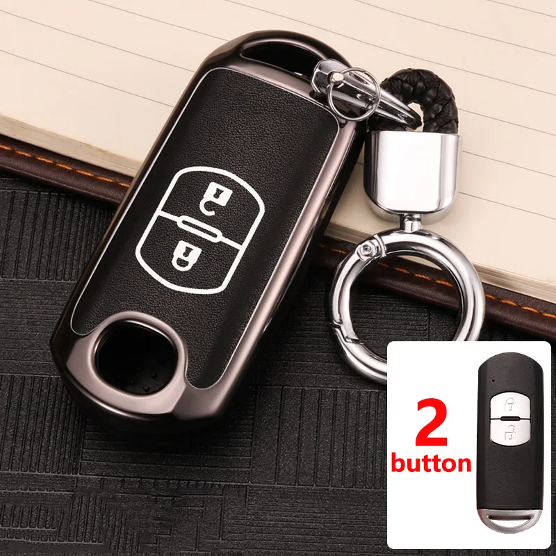 2 Button Black Цинковый сплав+ световой кожаный чехол для автомобильных ключей, крышка чехол для Mazda 2 3 5 6 Atenza Axela CX-3 CX3 CX-5 CX5 CX 5 CX7 CX8 CX9 MX5 - Название цвета: 2 Button Black