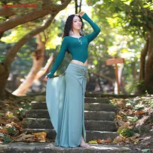 Дешевая 2 шт. женский сетчатый костюм для танца живота зеленый(Топ Юбка) командная танцевальная одежда для тренировок свободный размер