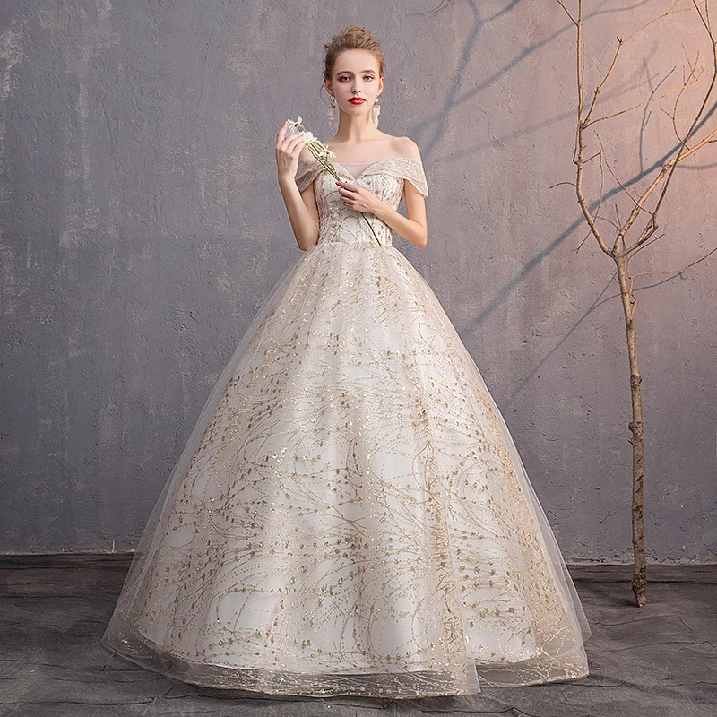 

Luxury Gold Wedding Dresses V-Neck Off The Shoulder Lace Up Ball Gown Elegant Dubai Wedding Gowns For Bride Vestido Novia 2019