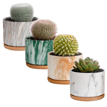 

4PCS Marble Ceramic Flower Pot Fresh Simple Flower Pot Crafts Mini Succulent Plant Flower Pot Straight Round Potting Pot for Dor
