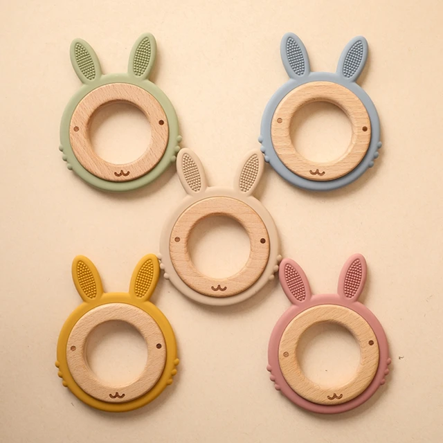 New Animal Rabbit Silicone Teether Baby Oral Care Products 1Pcs Big Teether BPA-Free Beech Wooden Rattle Teething Toys For Kids 1