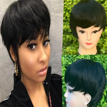 

Natural Black Bob Wig Brazilian Straight Short Syntheitc Wigs with Bangs Machine Weft Wig Short Bob Wigs Straight with Straps