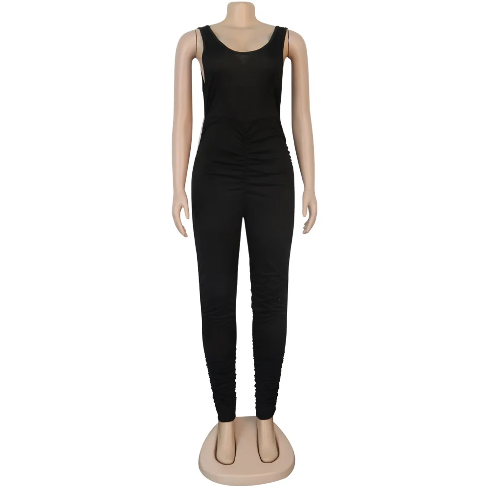 Solid Color Side Cut Out UP Skinny Jumpsuits Sleeveless Summer Women Fashion Casual Bodycon Bandage Ruched Sexy Rompers