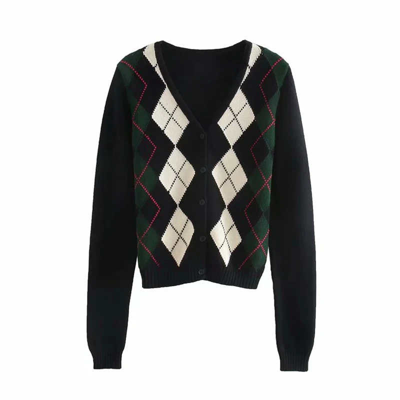 Sweater Retro Geometric Cardigan Women Autumn Warm Long-sleeved Jacket 2020 Elegant V-neck Knitted |