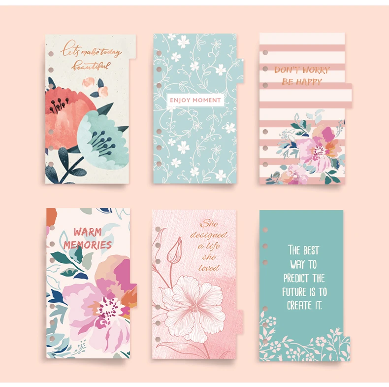 6 pcs/set Flower Series Dividers Paper indexes Personal A6 Spiral Notebook 6 rings binder planner Separator Pages Organizer
