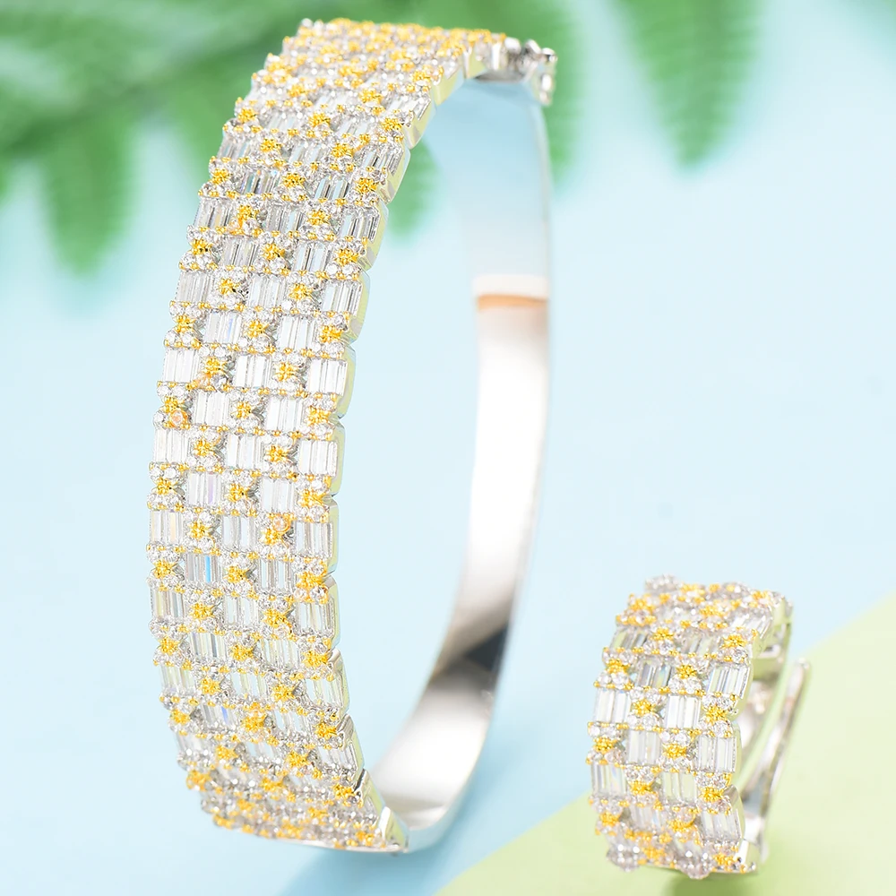 

GODK 2PCS Bracelets/Ring Luxury Cubic Zirconia Open Bangle Resizable Rings Trendy Girls Women Patry Wedding Jewelry Sets