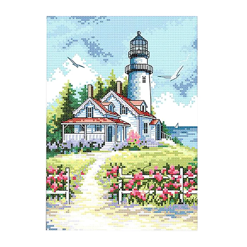 Sea Lighthouse Stamped Cross Stitch Kit Pattern Embroidery Needlework 14CT