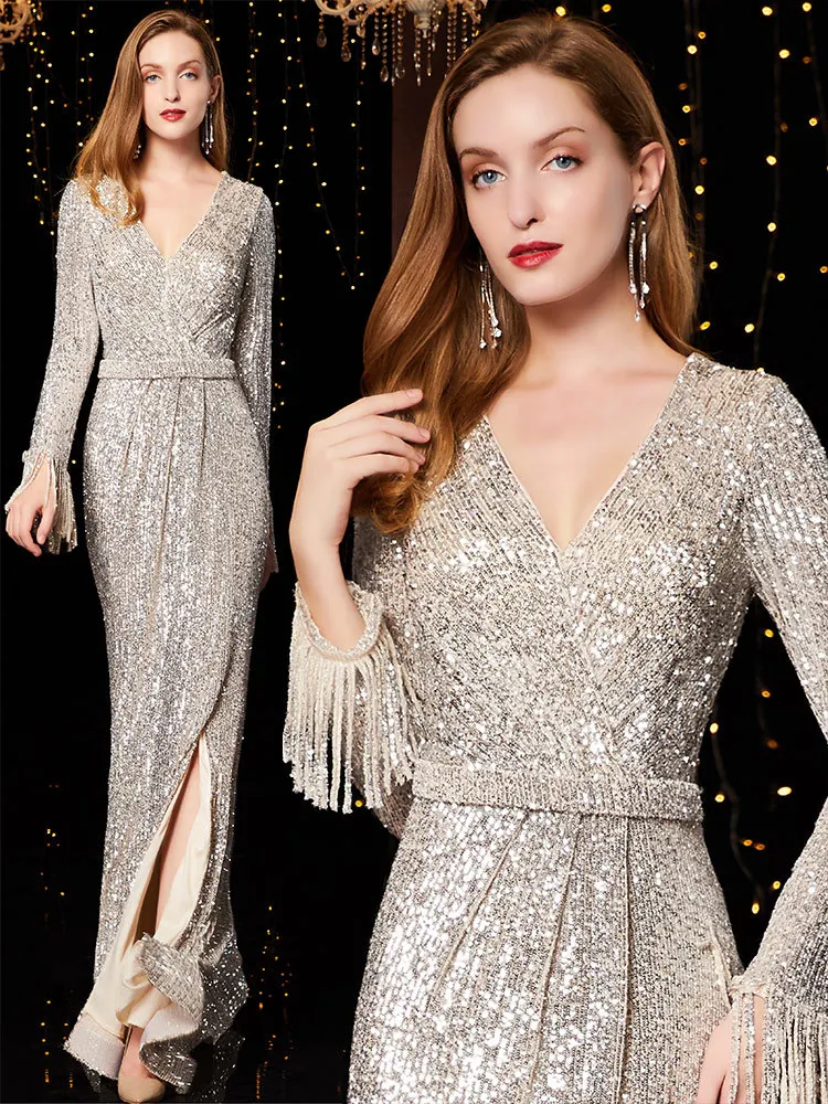 

BacklakeGirls Sexy Deep V Neck Full Tassel Sleeves Mermaid Sequined Evening Dresses Floor Length Silver Womn Party Dress