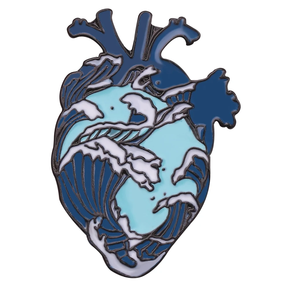 Punk Style Skeleton Love Heart Enamel Pins Self-deprecating Dark Punk Brooches Ocean Wave Whale Human Heart Lapel Pins Badges - Metal color: XZ755