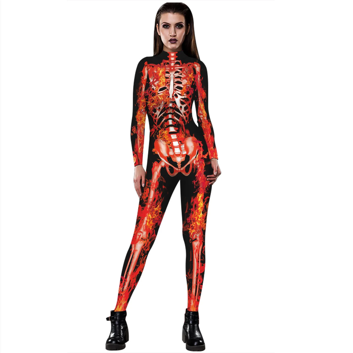 Halloween Skeleton Print Costume Adult Women Horror Carnival Joking Catsuit Jumpsuit Long Sleeves Bodysuit For Lady Girls