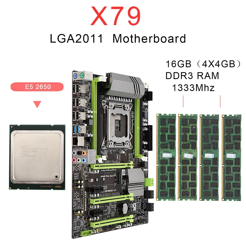 X79 материнская плата LGA2011 Combo с процессором E5 2650 4-канальный 16 Гб(4X4 Гб) DDR3 ram 1333 МГц NVME M.2 SSD слот