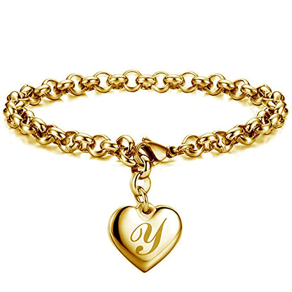 Initial Charm Gold-Color Bracelets Stainless Steel Heart 26 Letters Alphabet Bracelet for Women Girls Kids Gifts bracelet jewelry