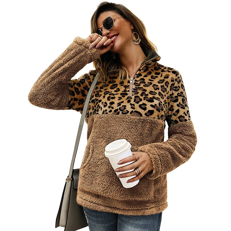 ANSELF женские толстовки с капюшоном леопардовые с длинным рукавом Водолазка пуловер с косой молнией Женская Туника 2019 Осень Зима Плюшевые