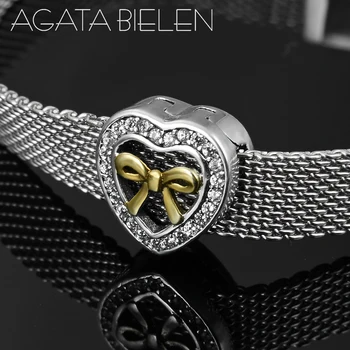 

100% 925 Sterling Silver sparkling zircon Gold Bow Heart Clip Beads Jewelry Making Fit Reflection Charm Watch Bracelet For Women