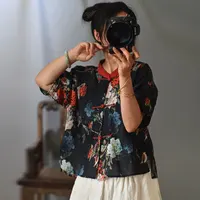 Women Loose Ramie Printed Shirts Tops Ladies Vintage Print Ramie Blouse Female Ramie Tops Shirt 2020 Summer 1