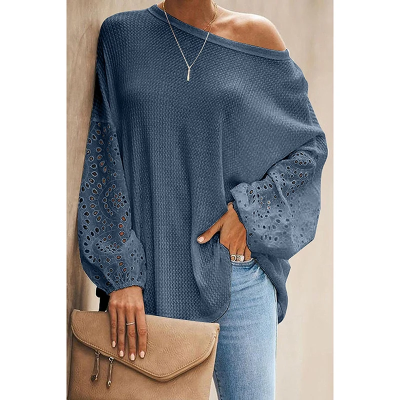 Sexy One Off Shoulder Knitted Pullover Sweaters Casual Long Flare Sleeve Embroidery Hollow Out Knitwear Tops