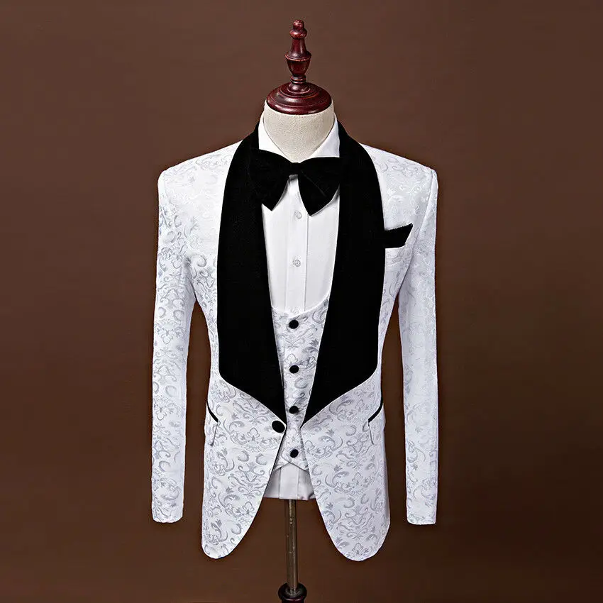 Men White Paisley Suit 3Pcs Blazer Groom Tuxedos Shawl Lapel Wedding Prom Suit
