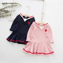 Весенне-осеннее новое платье в морском стиле для девочек; платья для малышей; Детские платья трапециевидной формы розового и синего цвета с темно-синим воротником