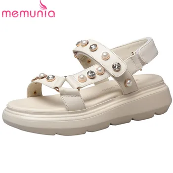 

MEMUNIA 2020 hot sale casual shoes women genuine leather sandals crystal pearl comfortable summer flat platform shoes woman