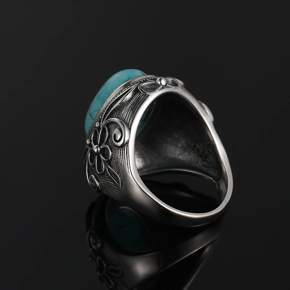 Natural Turquoise Ring Lady 925 Silver Jewelry Retro Party Ring 11X17MM Large Ellipse Gem Gift Wholesale