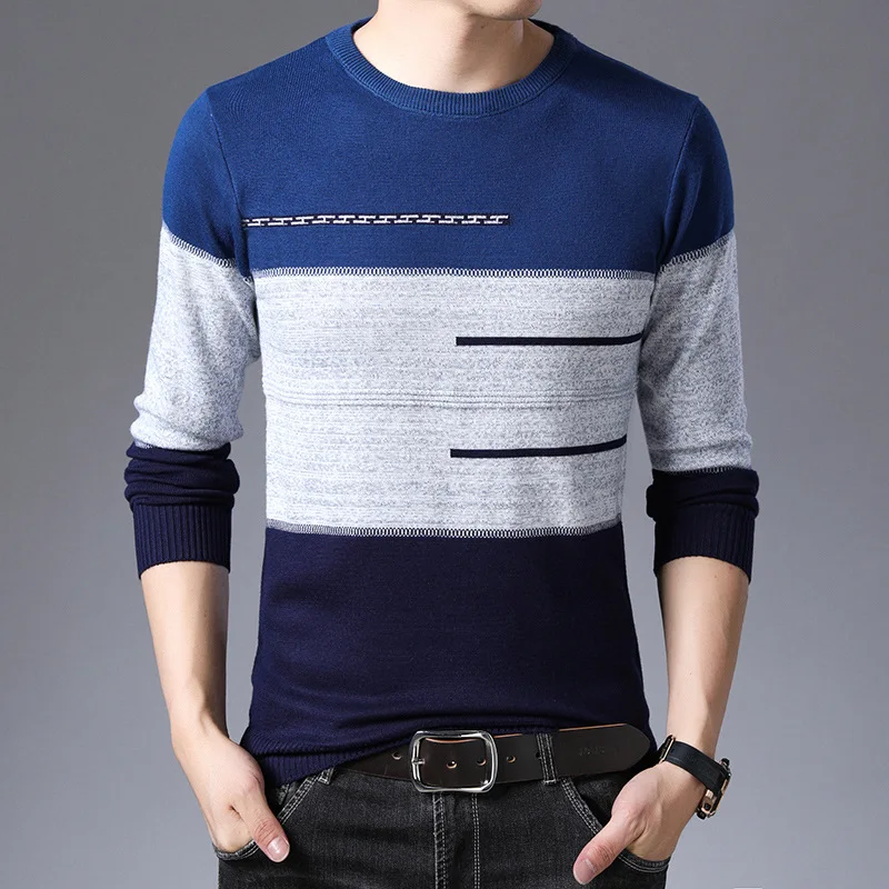 2021 Autumn Winter Pullover Men Round Collar Striped  Cotton Sweaters Slim Fit Pull Homme Knitwear