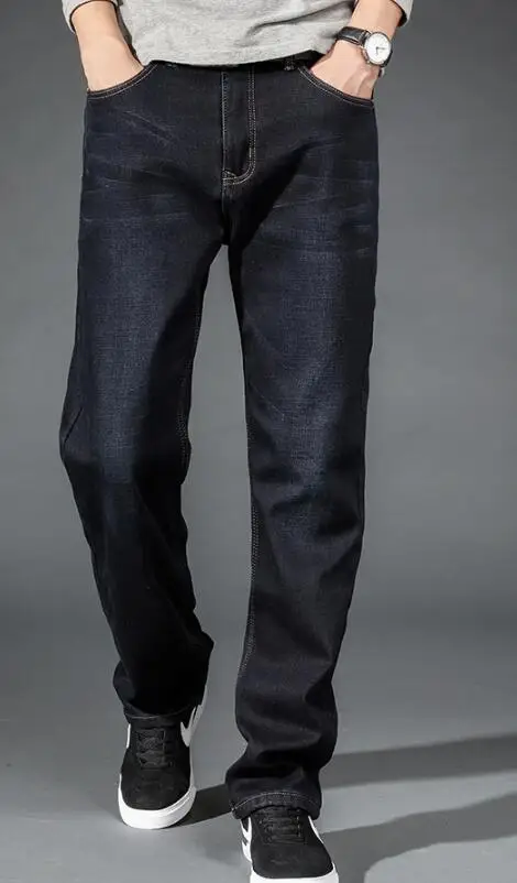 Теплые флисовые джинсы для мужчин s зимние свободные прямые джинсы эластичные бархатные широкие брюки стекающиеся теплые мягкие мужские джинсы - Цвет: Черный