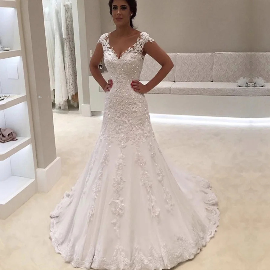 

Fansmile Vestido de Noiva V Neck Short Sleeves Lace Mermaid Wedding Dress 2019 Cheap Bridal Gowns Custom Made FSM-029M