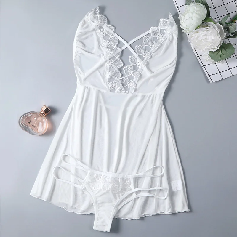 White Sexy Sling Nightdress Deep Lace Miniskirt Home Temptation Large Size Set |