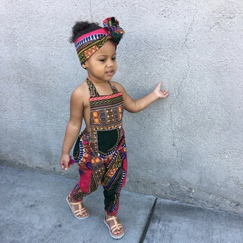 

Siskakia African Child Girls Print Jumpsuits with Headband Halter Backless Jumpsuit Kids Romper Fashion Summer Girls Outfits