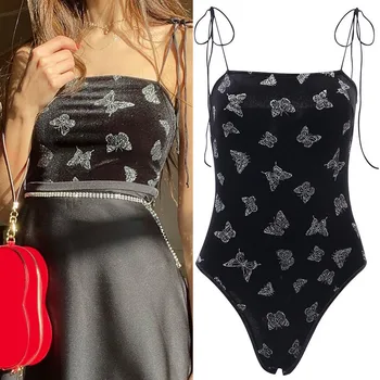 

Fashion Women's Sleevelees Butterfly Print Lace Leotard Bodysuit Tube Top Боди Женское Combinaison Femme