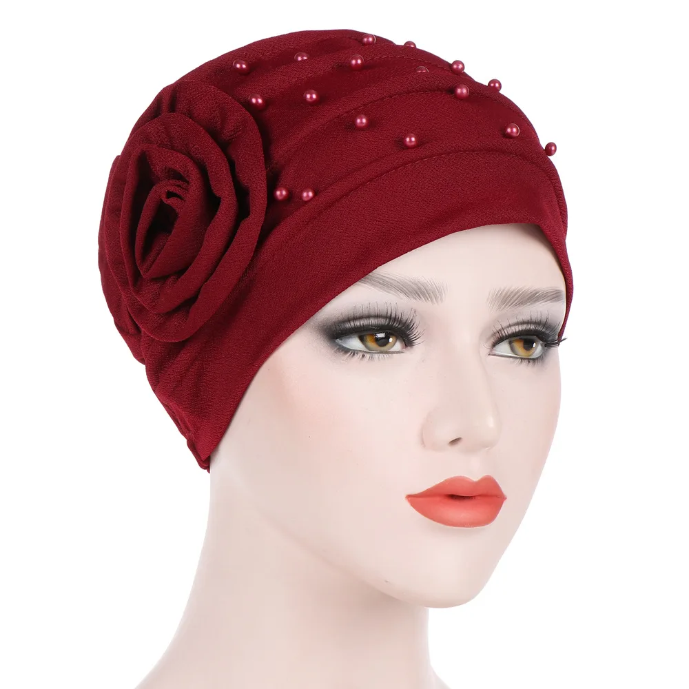 

New style side disc flower beaded solid color flower headscarf hat confinement hat Muslim Baotou hat