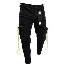 Pantalones vaqueros elásticos a la moda para hombre, Jeans con agujero en la rodilla, tendencia de otoño, Jeans negros informales de talla grande