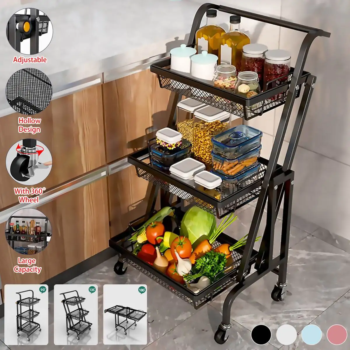 Slide Out Kitchen Rolling Trolley Cart 3 Layer Rotatable Storage Cart ...