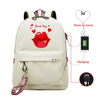 

USB Charging Girls School Bag Watercolor Lip Printed Backpack Fashion Women School Backpacks Bag Casual Canvas Travel Backbag