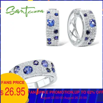 

SANTUZZA Jewelry Set for Women Gorgeous Blue Nano CZ Earrings Ring Set Genuine 100% 925 Sterling Silver Sparkling Jewelry Set